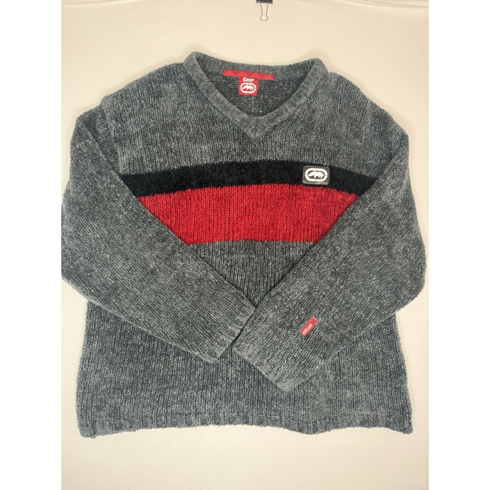Marc Ecko Crisp Rhino Sweater Men's Size M Gray/Black/Red 90s Korea Made Acrylic